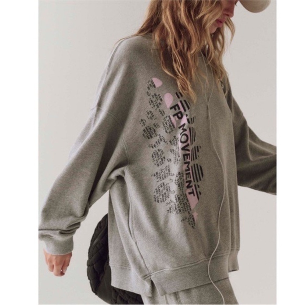 FP Movement Free People Gray Graphic Varsity Stripe Sweatshirt Small - Picture 5 of 11